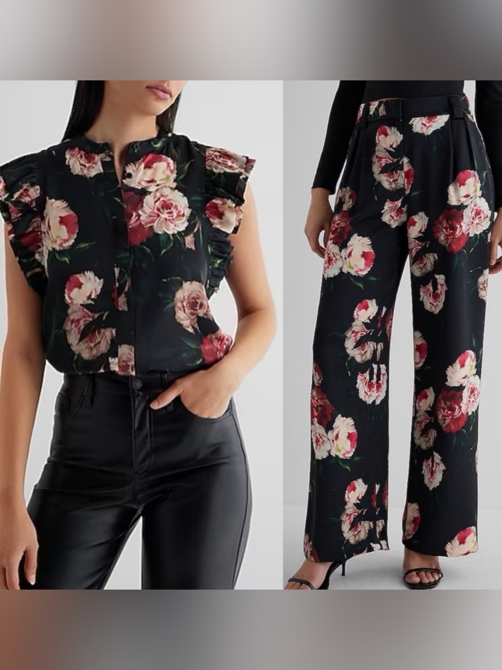Express Satin Floral Wide-Leg Pants and Sleeveless Top Set